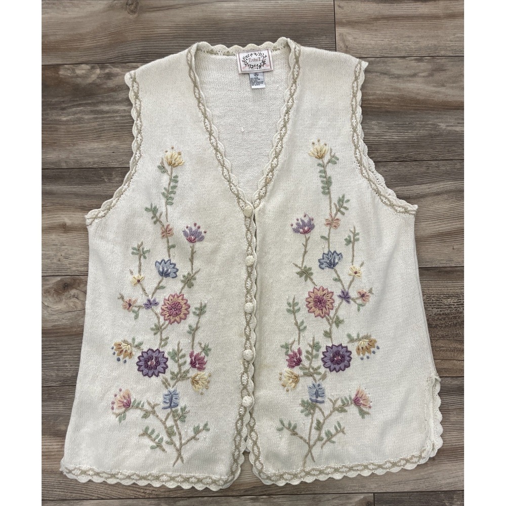 Vintage Erika II Floral Embroidered Sweater Vest White Cottagecore Plus Sz 2X